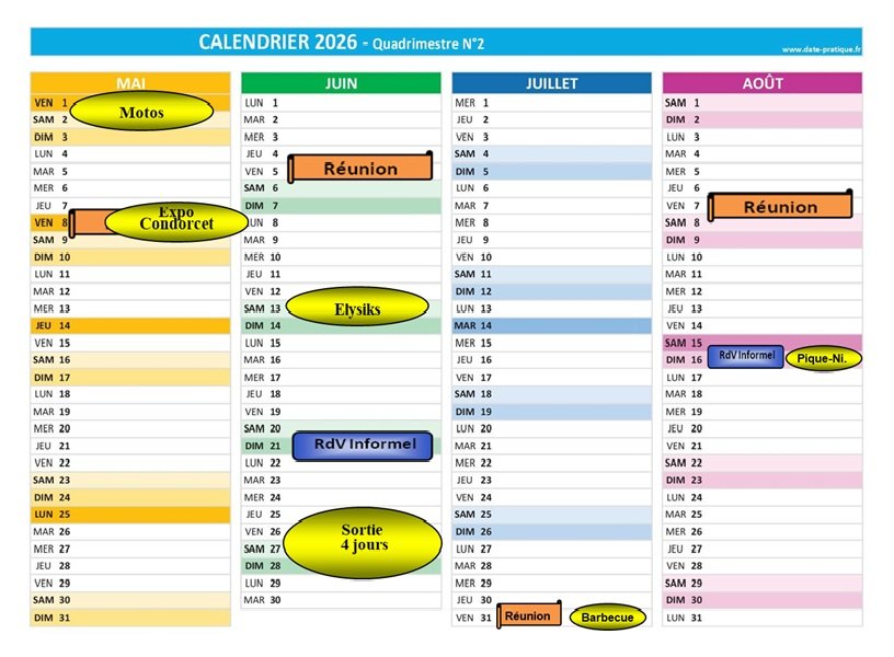 Calendrier ASQBA — 2026 — 2e quadrimestre